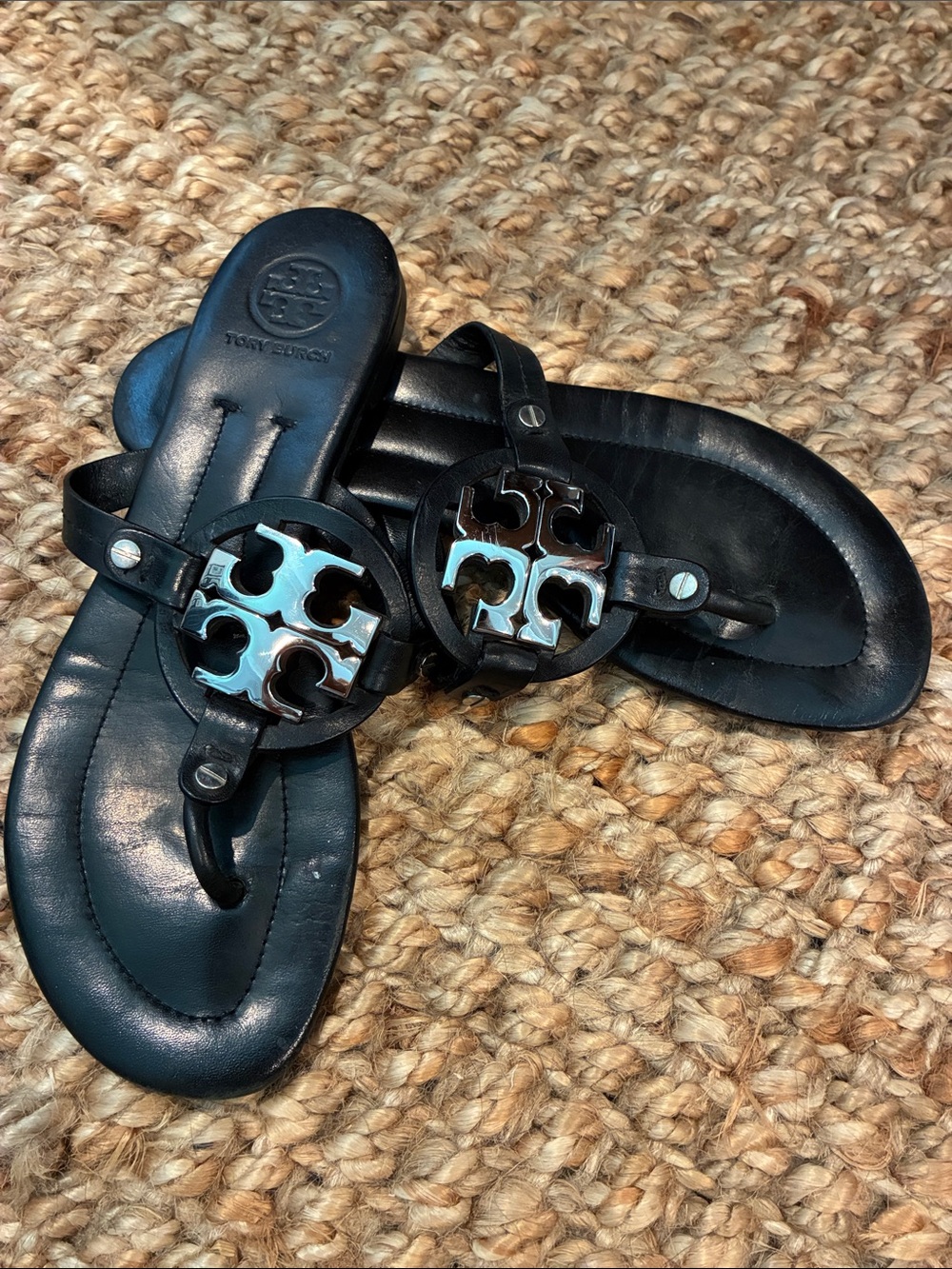 Tory Burch Black Sandals with Silver-Tone Logo Medallions